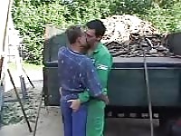 Two guys kiss each other and fuck outdoors